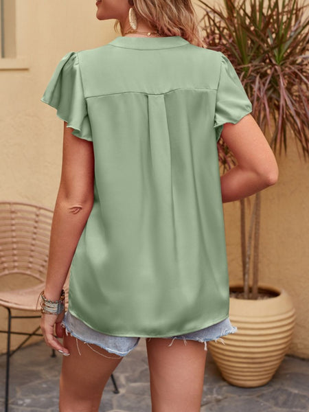 Notched Short Sleeve Blouse