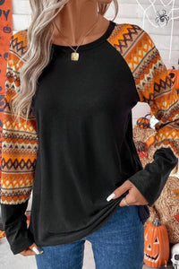 Printed Round Neck Raglan Sleeve Blouse