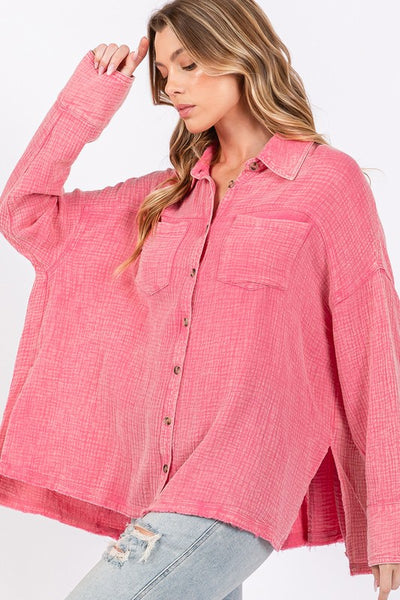 Frayed Hem Side Slit Button Down Shirt