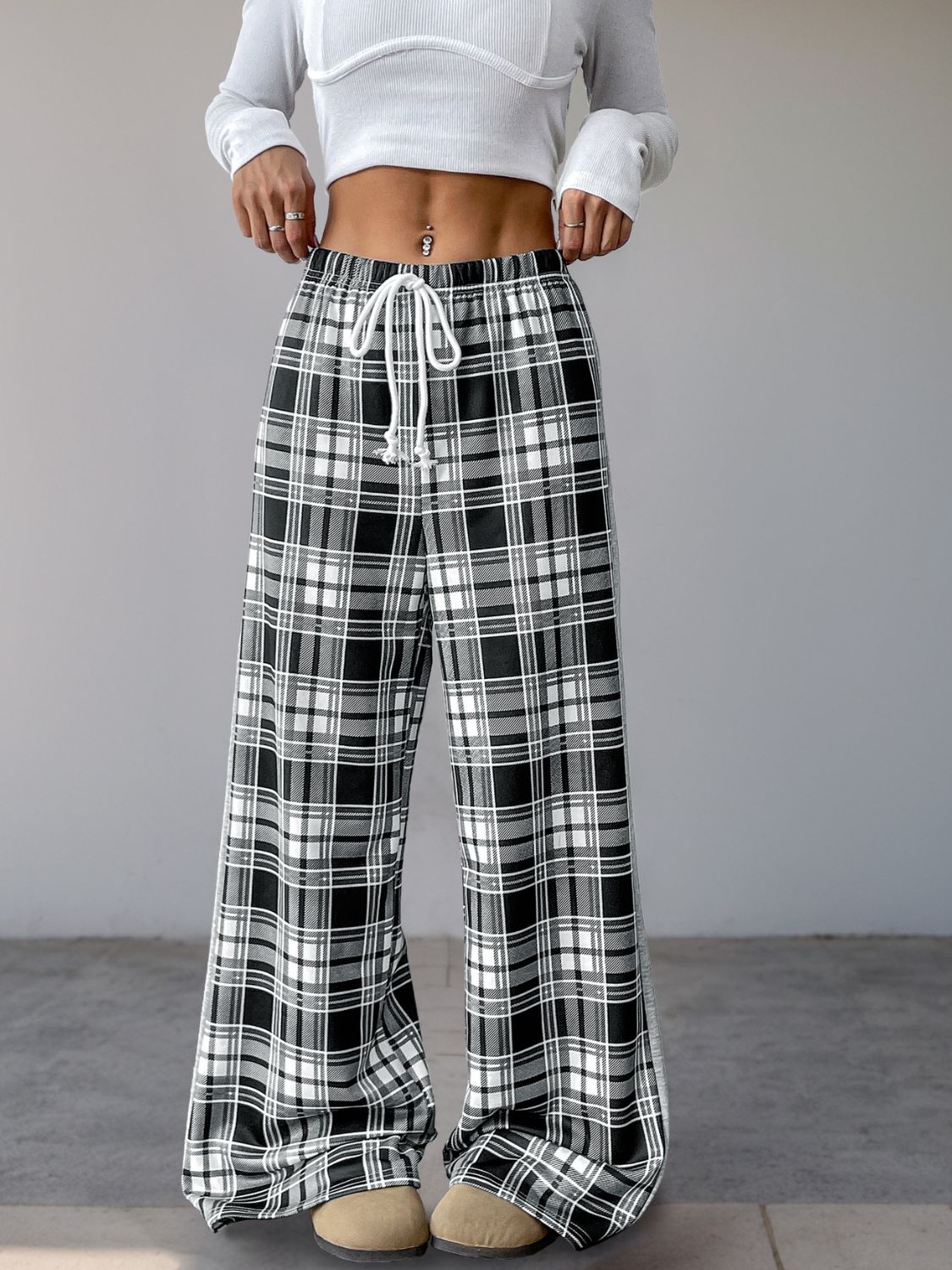 Drawstring Plaid Wide Leg Pants