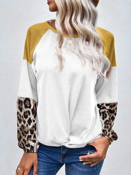 Twisted Color Block Round Neck Long Sleeve T-Shirt