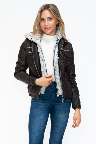 Removable Faux Layered Multi-Pocket Jacket with Fuzzy Hood