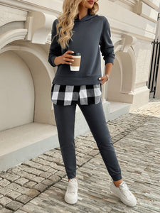 Plaid Long Sleeve Hooded Top and Pants Set