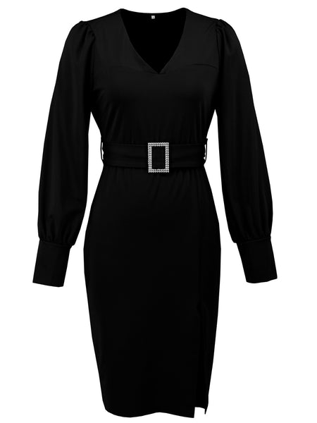 Slit V-Neck Long Sleeve Knee Length Dress