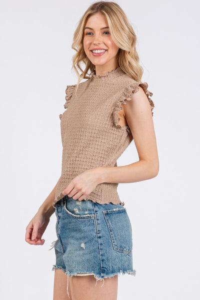 Texture Mock Neck Ruffle Cap Sleeve Blouse