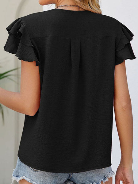 Full Size Ruffled V-Neck Cap Sleeve Blouse