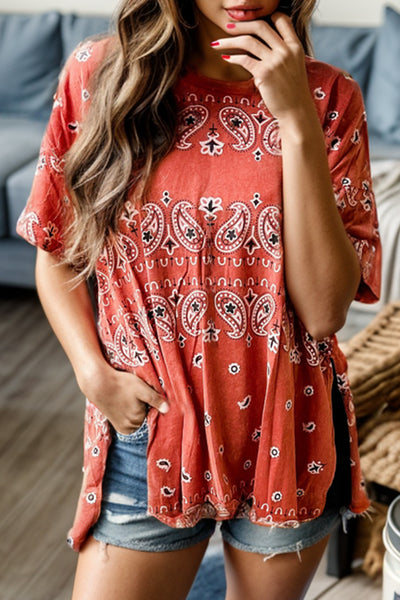 Printed Slit Dropped Shoulder T-Shirt