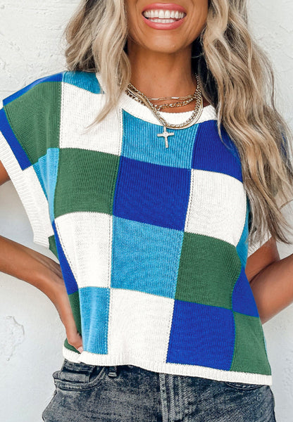 Contrast Plaid Round Neck Cap Sleeve Sweater