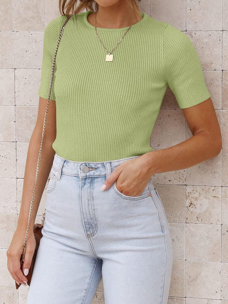 Ribbed Round Neck Short Sleeve Knit Top