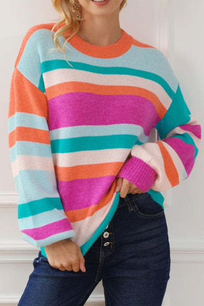 Striped Round Neck Drop Shoulder Sweater