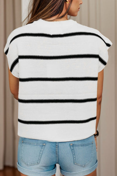 Striped Round Neck Cap Sleeve Sweater