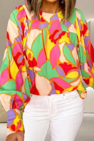 Contrast Print Round Neck Long Sleeve Blouse