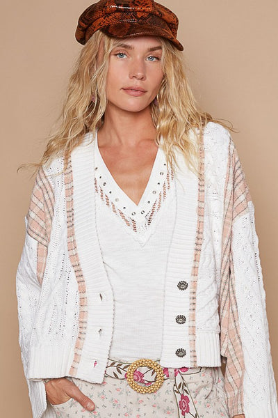 Cable-Knit Plaid V-Neck Button Up Cardigan