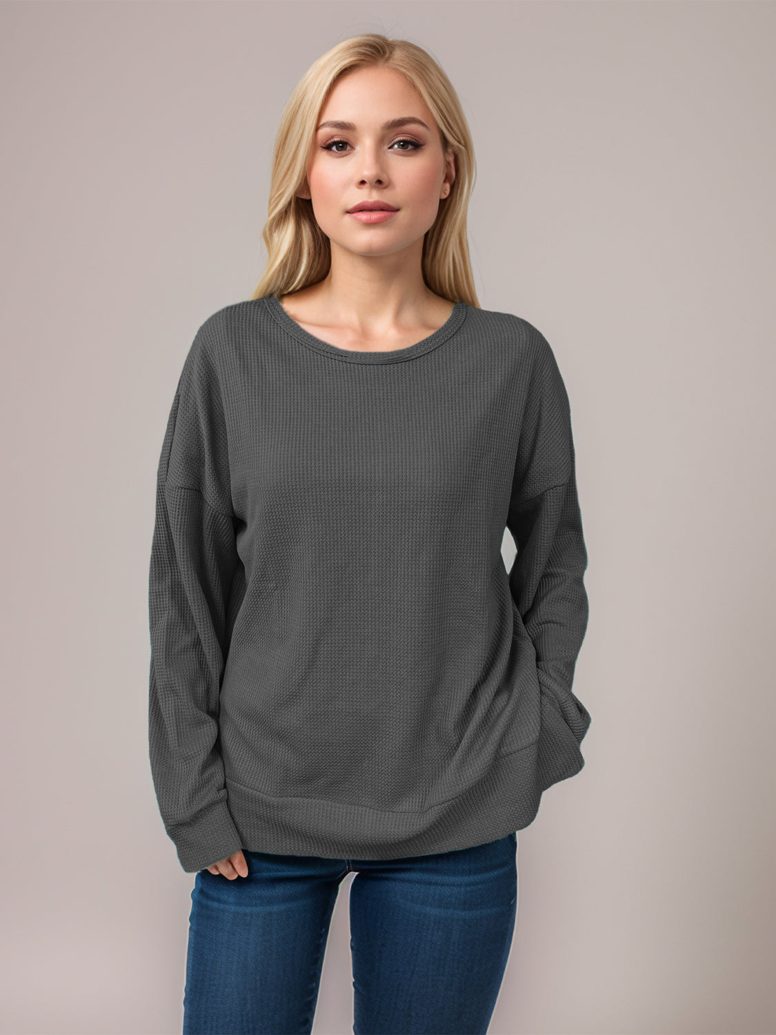 Side Slit Round Neck Long Sleeve T-Shirt