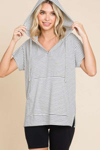 Full Size Striped Short Sleeve Hooded Top