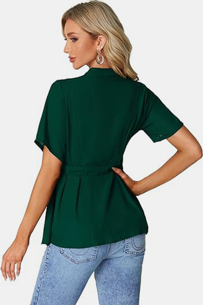 Tied Round Neck Short Sleeve Blouse