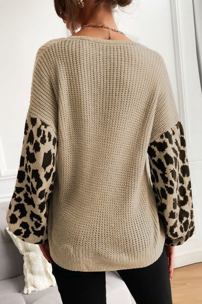 Leopard Sleeve Dropped Shoulder Sweater