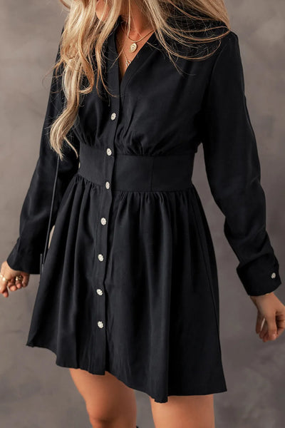 Ruched Button Up Long Sleeve Dress