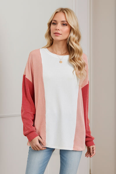 Texture Contrast Round Neck Long Sleeve T-Shirt