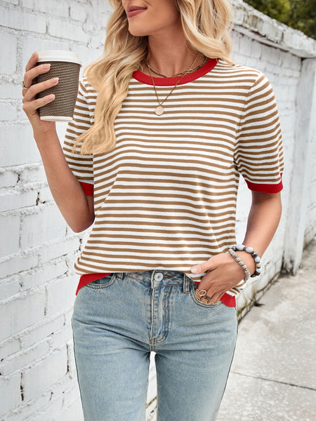 Striped Contrast Round Neck Half Sleeve Knit Top