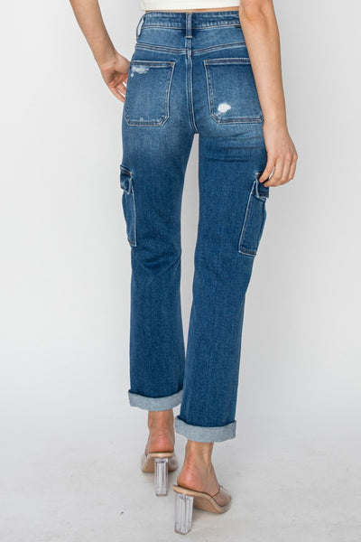 Full Size High Rise Cargo Ankle Roll Up Straight Jeans