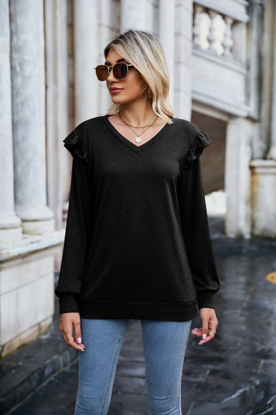 Mandy Ruffled Heathered V-Neck Long Sleeve T-Shirt