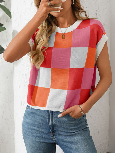Checkered Round Neck Cap Sleeve Knit Top
