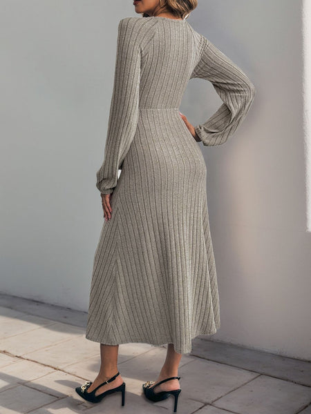 Ribbed Tied Surplice Long Sleeve Dress