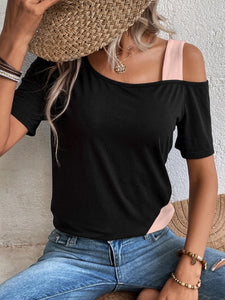 Contrast Asymmetrical Neck Short Sleeve T-Shirt