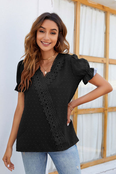 Dot Lace Detail V-Neck Short Sleeve Blouse