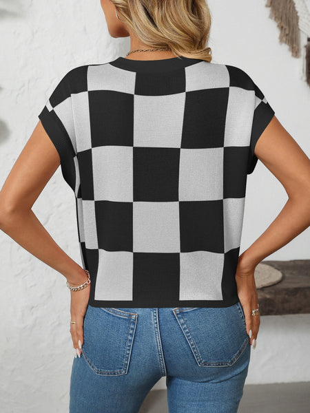 Checkered Round Neck Cap Sleeve Knit Top