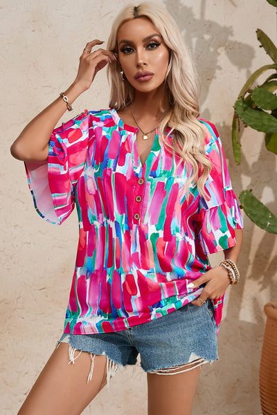 Printed Notched Half Sleeve Blouse