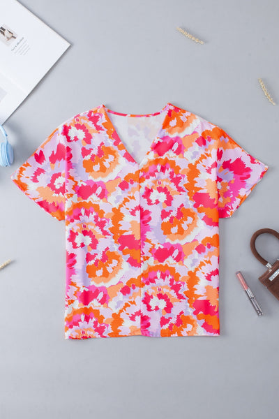 Printed V-Neck Short Sleeve Blouse