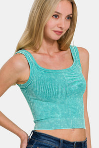 Washed Ribbed Scoop Neck Wide Strap Tank