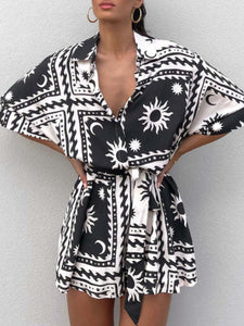 Printed Tie Waist Half Sleeve Romper