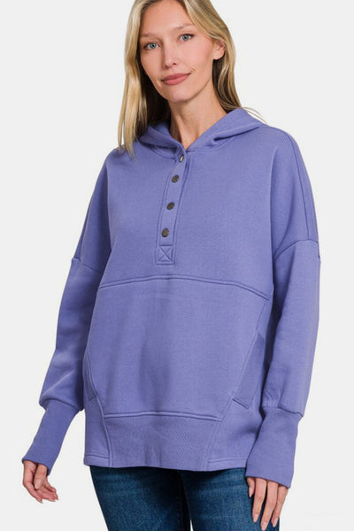 Half Snap Long Sleeve Hoodie with Kangaroo Pocket