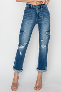 Full Size High Rise Cargo Ankle Roll Up Straight Jeans