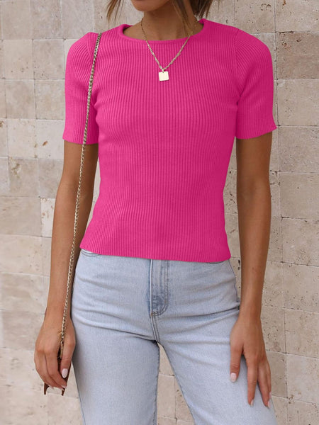 Ribbed Round Neck Short Sleeve Knit Top