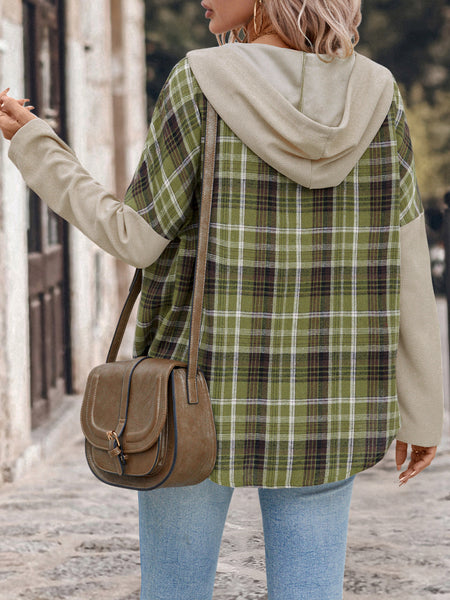 Drawstring Plaid Long Sleeve Hooded Shirt