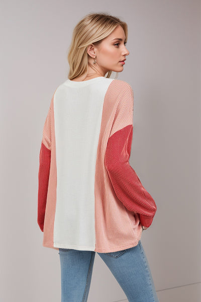 Texture Contrast Round Neck Long Sleeve T-Shirt