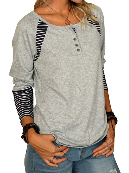 Full Size Striped Quarter Button Long Sleeve T-Shirt