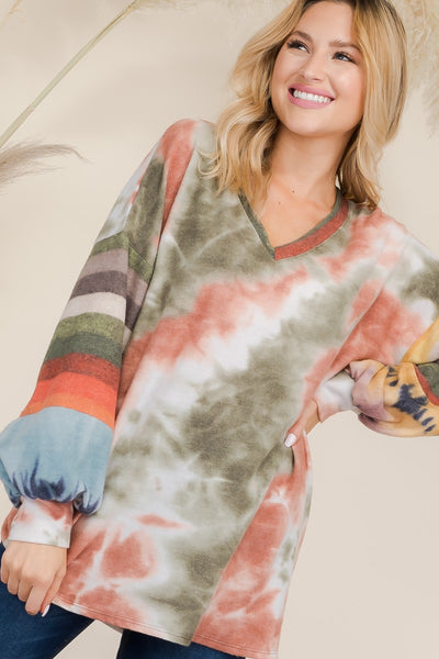 Tie-Dye Contrast Striped V-Neck Long Sleeve Blouse