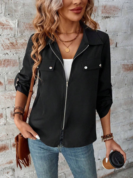 Zip Up Collared Neck Roll-Tab Sleeve Jacket