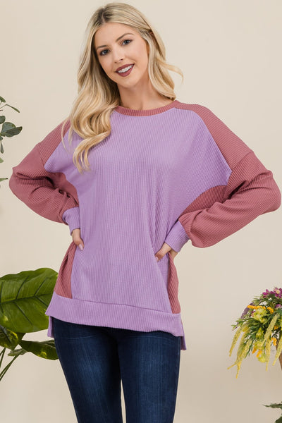 High-Low Contrast Round Neck Sweatshirt