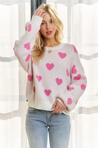 Heart Round Neck Drop Shoulder Sweater