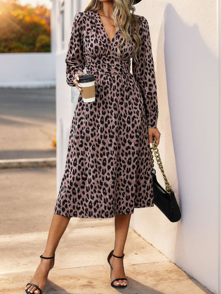 Leopard Surplice Long Sleeve Midi Dress