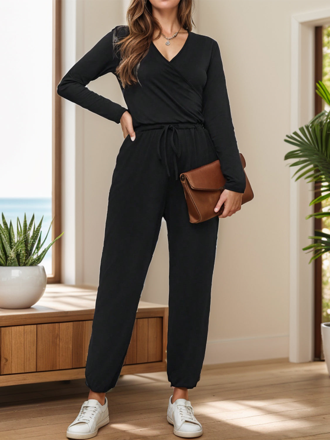 Surplice Tie Waist Long Sleeve Jumpsuit