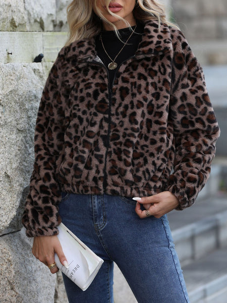 Leopard Collared Neck Zip Up Jacket