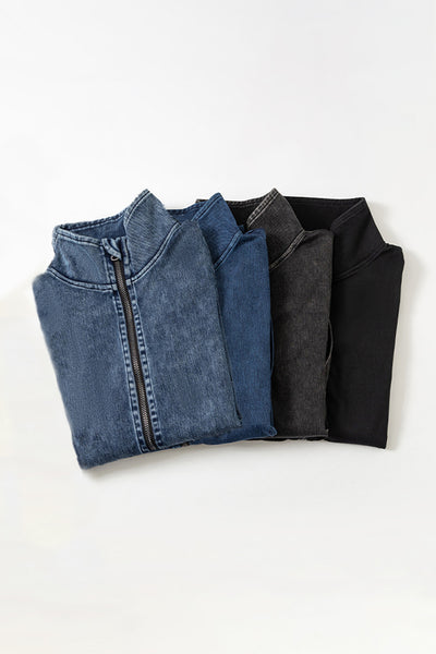 Pocketed Turtleneck Zip Up Denim Top