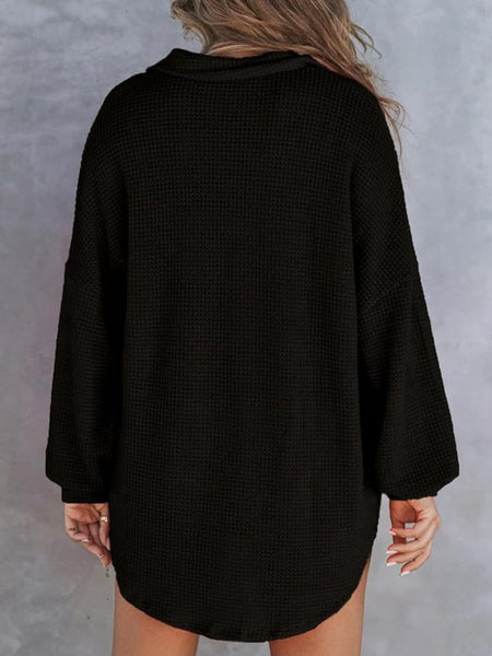 Waffle-Knit Dropped Shoulder Long Sleeve Sweatshirt